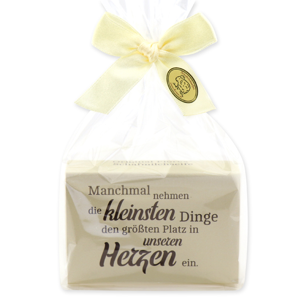 Sheep milk soap 150g "Manchmal nehmen die kleinsten Dinge..." in a cellophane, Christmas rose white 