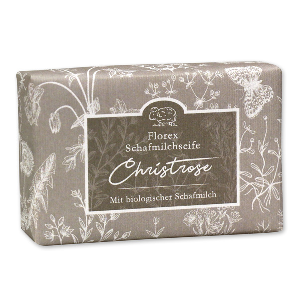 Sheep milk soap 150g packed with florentine-sleeve, Christmas rose silver 