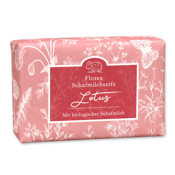 Schafmilchseife eckig liegend 150g "Florentine" im gerillten Papier, Lotus 