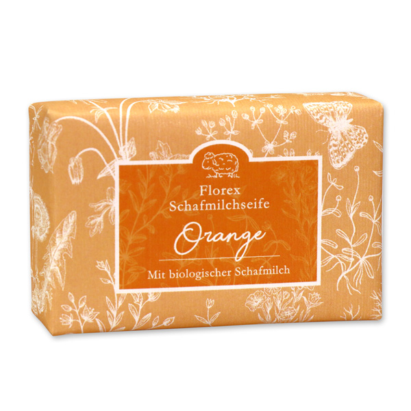 Schafmilchseife eckig liegend 150g "Florentine" im gerillten Papier, Orange 