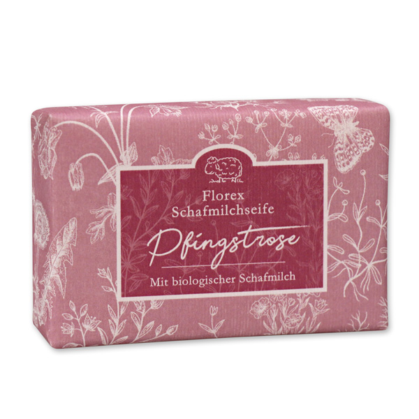 Schafmilchseife eckig liegend 150g "Florentine" im gerillten Papier, Pfingstrose 