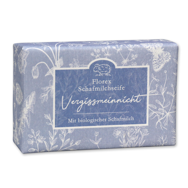 Schafmilchseife eckig liegend 150g "Florentine" im gerillten Papier, Vergissmeinnicht 