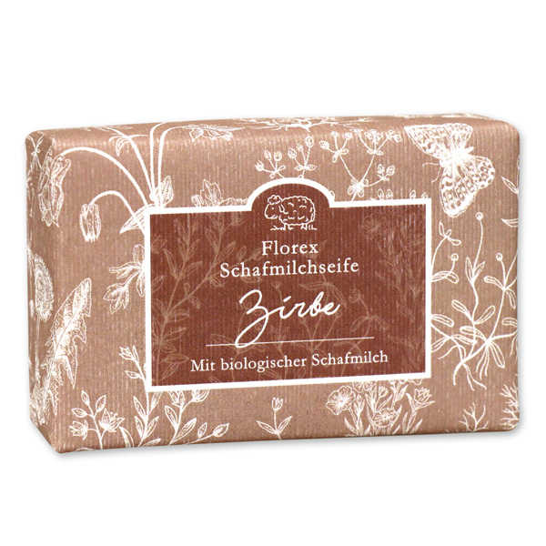 Schafmilchseife eckig liegend 150g "Florentine" im gerillten Papier, Zirbe 