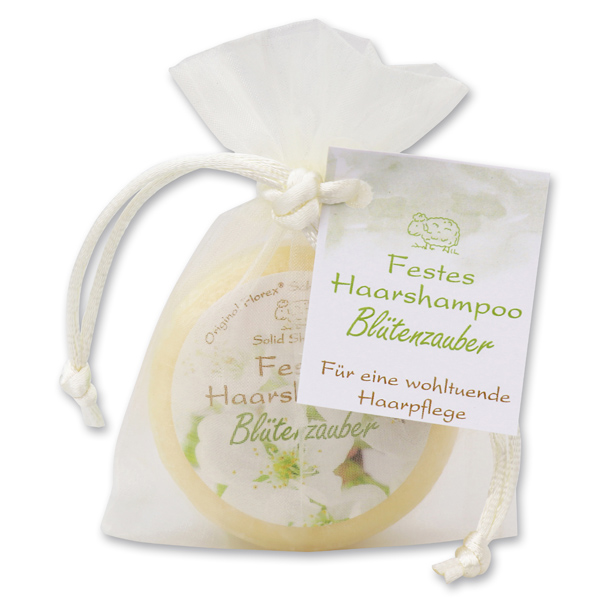Festes Haarshampoo mit Schafmilch 58g im Organzasackerl, Blütenzauber 