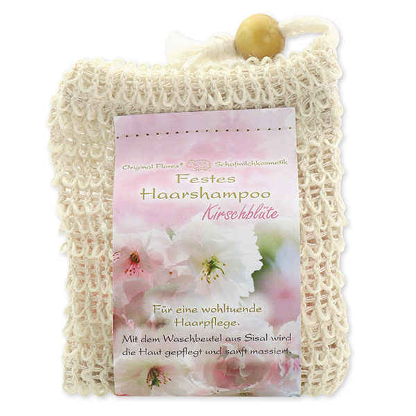 Solid hair shampoo with sheep milk 58g in a sisal wash bag, Cherry Blossom 