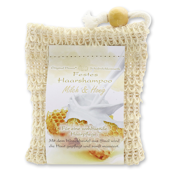 Solid hair shampoo with sheep milk 58g in a sisal wash bag, Milk & Honey 