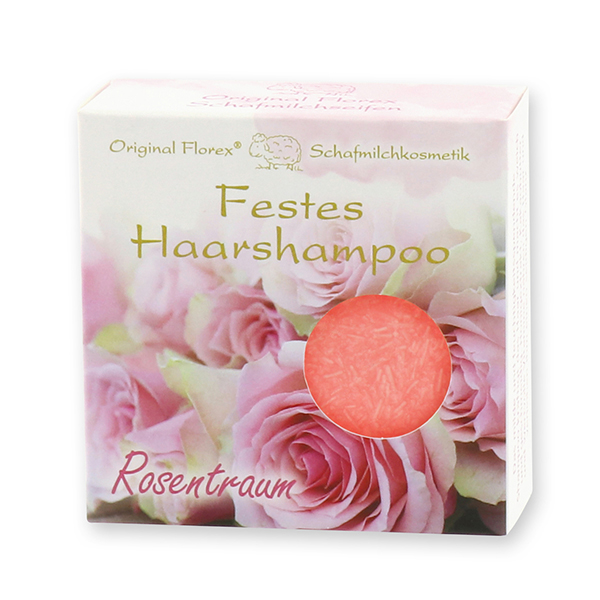 Festes Haarshampoo mit Schafmilch 58g in Papier-Schachtel, Rosentraum 