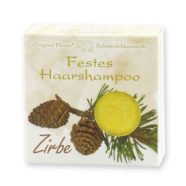 Festes Haarshampoo mit Schafmilch 58g in Papier-Schachtel, Zirbe 