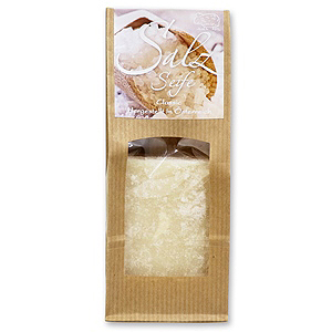 Cold-stirred soap salt classic 100g packed in a brown bag with a viewing window and a label 