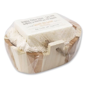 Cold-stirred special soap 100g, a washcloth in a wooden basket in a cellophane, Salt soap without perfume 