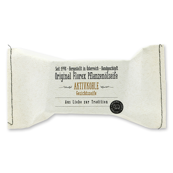 Cold-stirred plant oil soap 100g in a stitched paper bag, Activated charcoal 