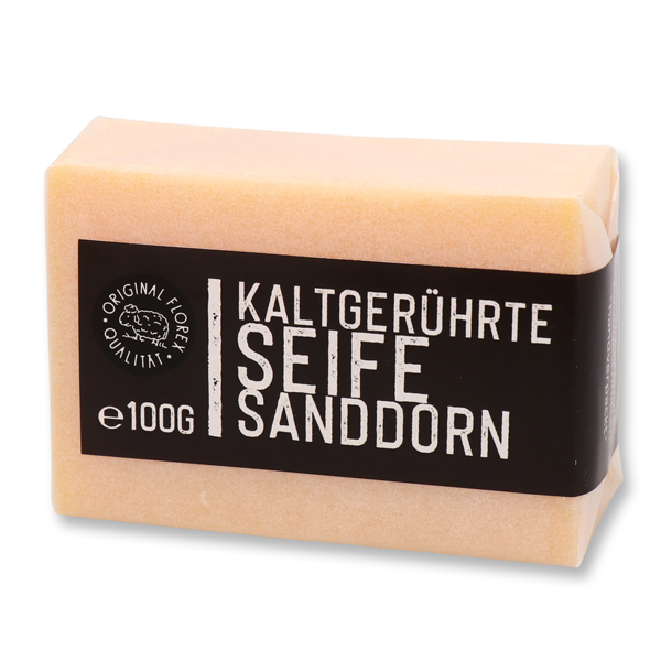Kaltgerührte Seife 100g "Black Edition" weiß verpackt, Sanddorn 