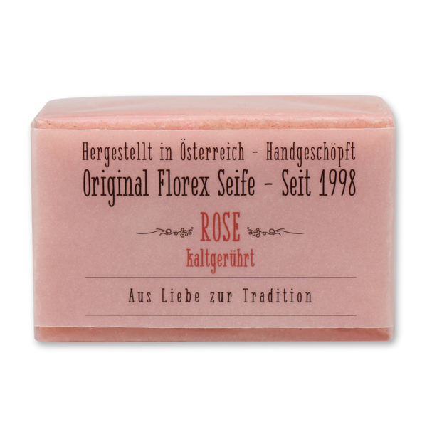 Kaltgerührte Seife 100g in Cello mit transparenter Schleife, Rose 