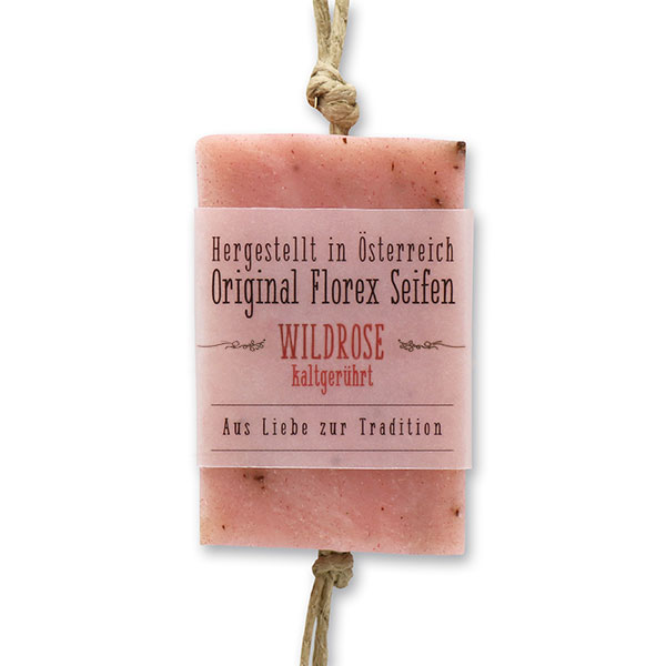 Cold-stirred soap 90g hanging, with transparent paper, Wild rose with petals 