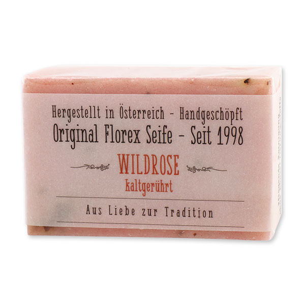 Cold-stirred soap 100g in Cello with transparent paper, Wild rose with petals 