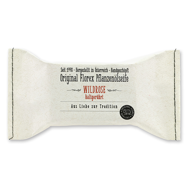 Cold-stirred soap 100g, packed in a stitched paper bag, Wild rose with petals 