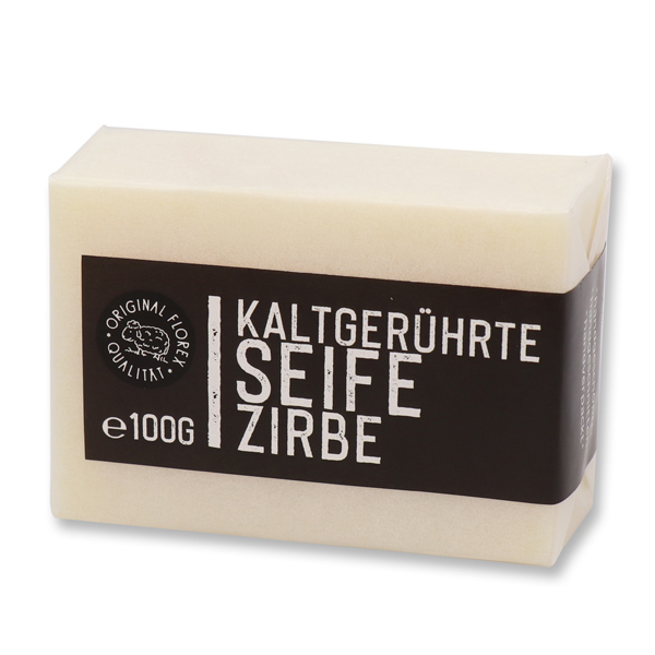 Kaltgerührte Seife 100g "Black Edition" weiß verpackt, Zirbe 