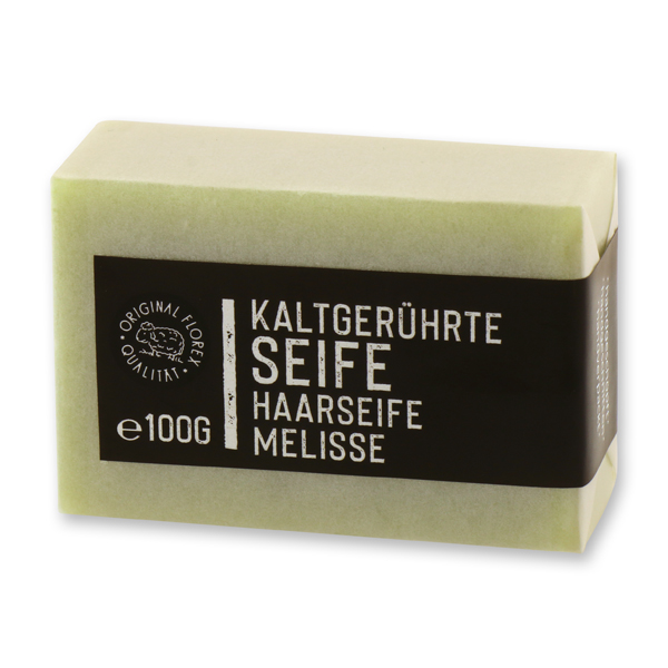 Kaltgerührte Seife 100g, Black Edition, weiss verpackt, Haarseife Melisse 