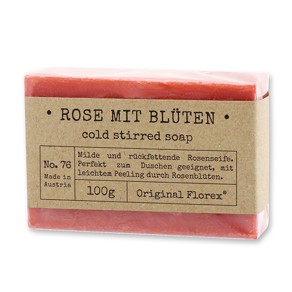 Kaltgerührte Seife 100g in Cello "Pure Soaps", Rose mit Blüten 