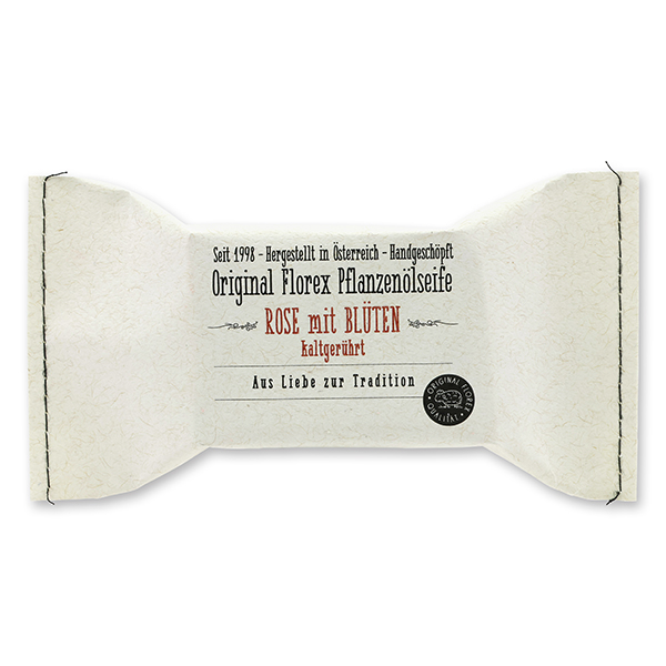 Cold-stirred soap 100g, packed in a stitched paper bag, Rose with petals 