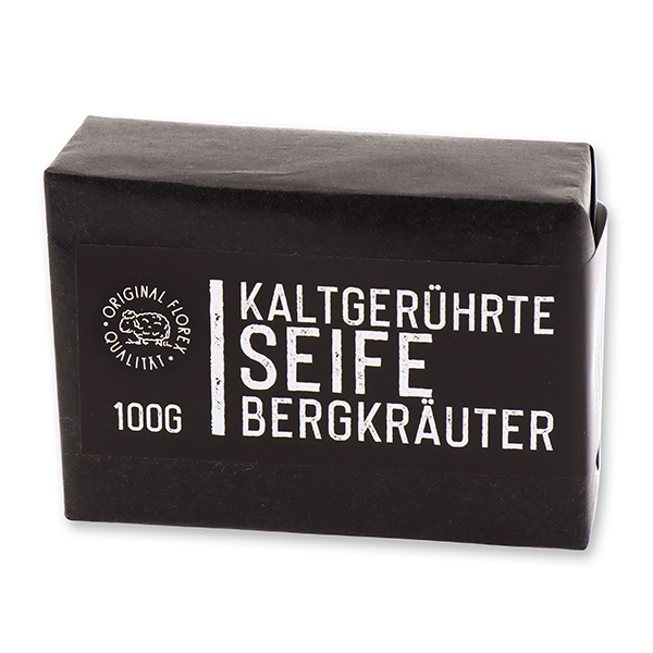 Kaltgerührte Seife 100g "Black Edition" schwarz verpackt, Bergkräuter 