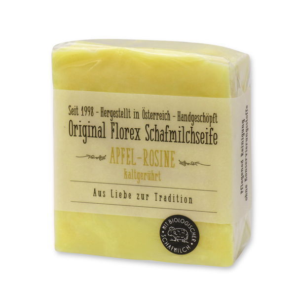 Cold-stirred sheepmilk soap 150g in cello wrapped with transparent paper, Apple-raisin 