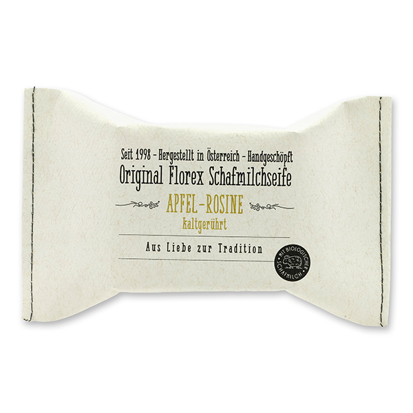 Cold-stirred sheep milk soap 150g, packed in a stitched paper bag, Apple-raisin 