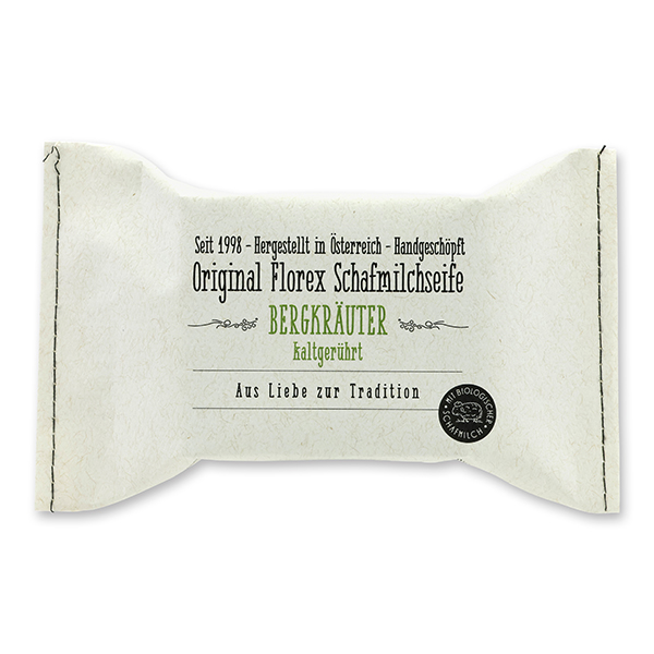 Kaltgerührte Seife 150g im genähten Papierbeutel, Bergkräuter 