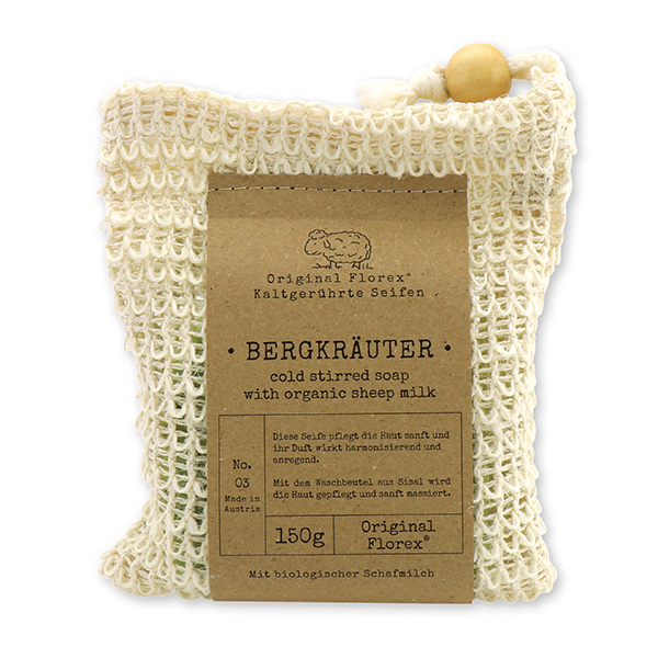 Cold-stirred sheep milk soap 150g "pure soaps" packed in a soap holder, Mountain herbs 