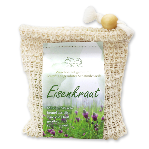 Kaltgerührte Schafmilchseife 150g modern im Waschbeutel, Eisenkraut 