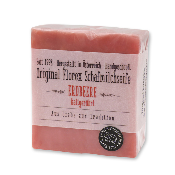 Cold-stirred sheepmilk soap 150g in cello wrapped with transparent paper, Strawberry 