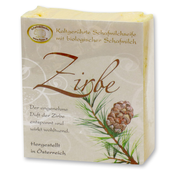 Cold-stirred sheepmilk soap 150g with classic labelling, swiss pine 