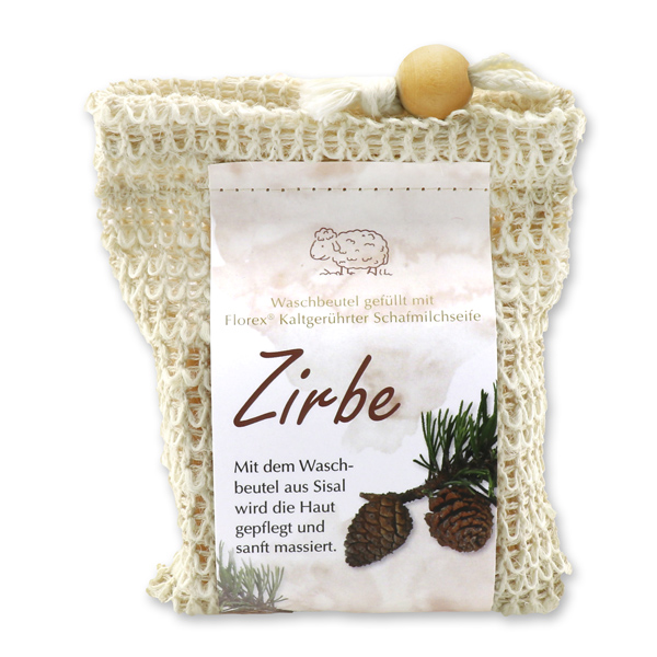 Kaltgerührte Schafmilchseife 150g modern im Waschbeutel, Zirbe 