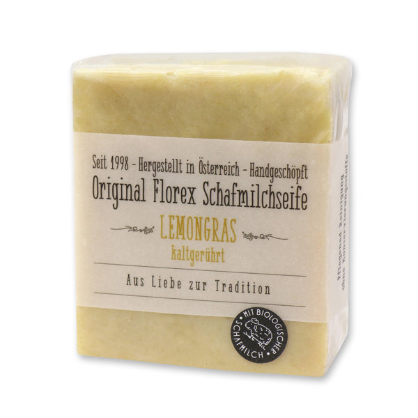 Kaltgerührte Schafmilchseife 150g mit transparenter Schleife in Cello, Lemongras 