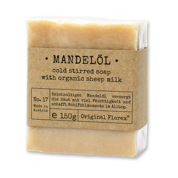 Cold-stirred sheepmilk soap 150g packed in cello "Pure Soaps", Almond oil 