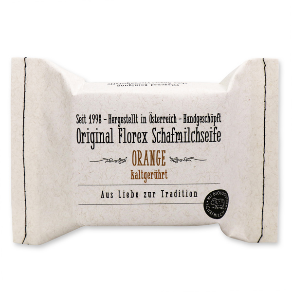 Cold-stirred sheep milk soap 150g, packed in a stitched paper bag, Orange 