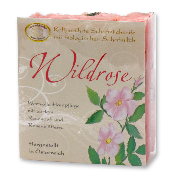 Kaltgerührte Schafmilchseife 150g klassisch verpackt, Wildrose mit Blüten 