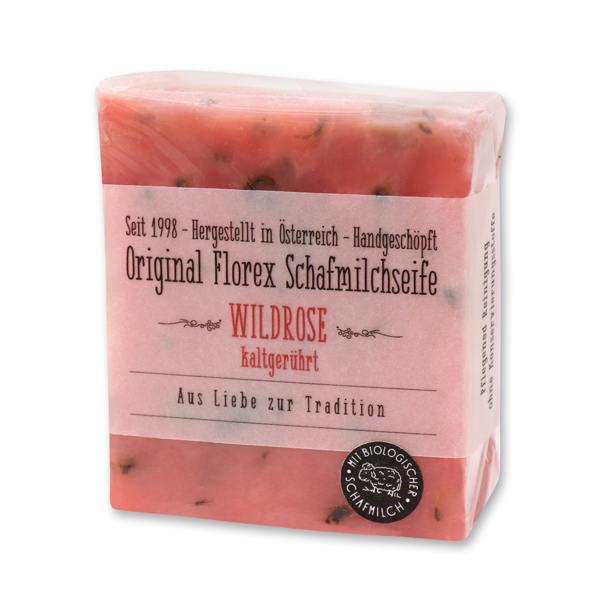 Cold-stirred sheepmilk soap 150g in cello wrapped with transparent paper, Wild rose 