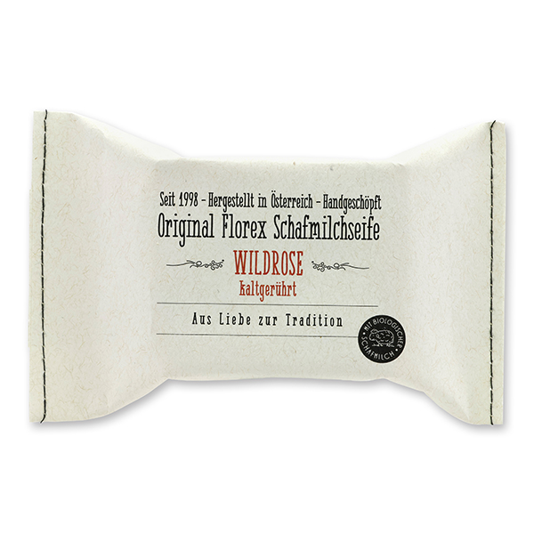 Cold-stirred sheep milk soap 150g, packed in a stitched paper bag, Wild rose 