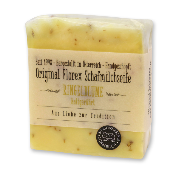 Kaltgerührte Schafmilchseife 150g mit transparenter Schleife in Cello, Ringelblume 