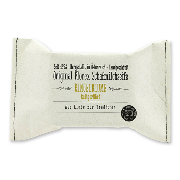 Cold-stirred sheep milk soap 150g, packed in a stitched paper bag, Marigold 