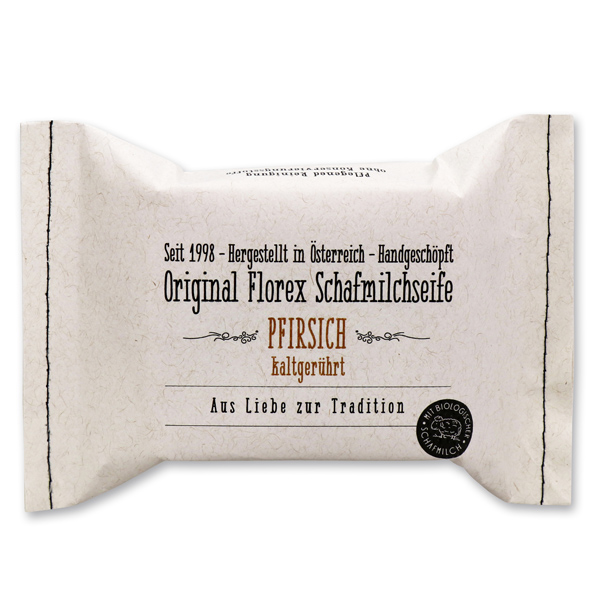 Cold-stirred sheep milk soap 150g, packed in a stitched paper bag, Peach 