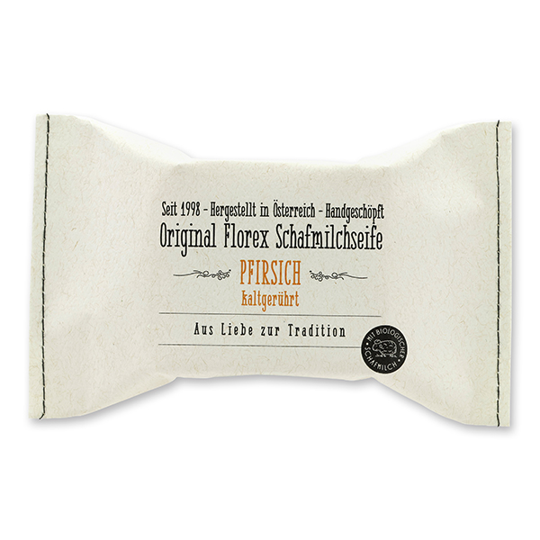 Cold-stirred sheep milk soap 150g, packed in a stitched paper bag, Peach 