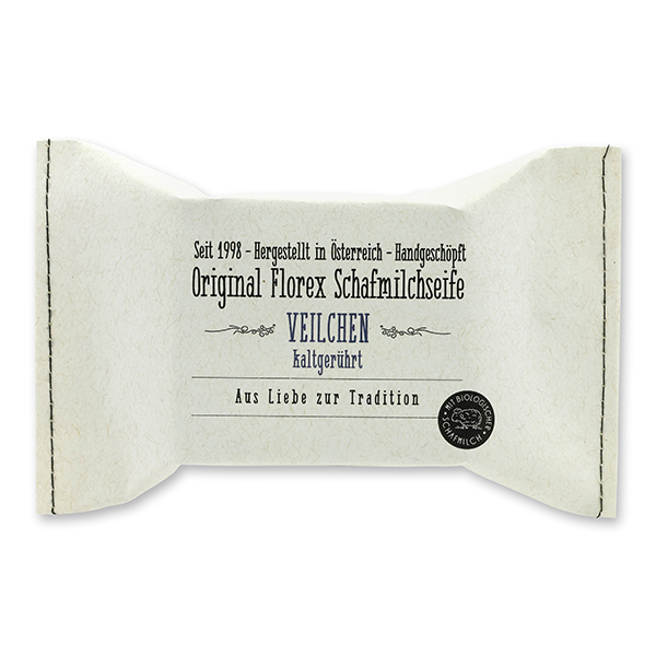 Cold-stirred sheep milk soap 150g, packed in a stitched paper bag, Viola 