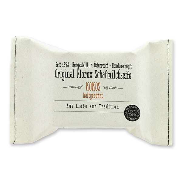 Cold-stirred sheep milk soap 150g, packed in a stitched paper bag, Cocos 