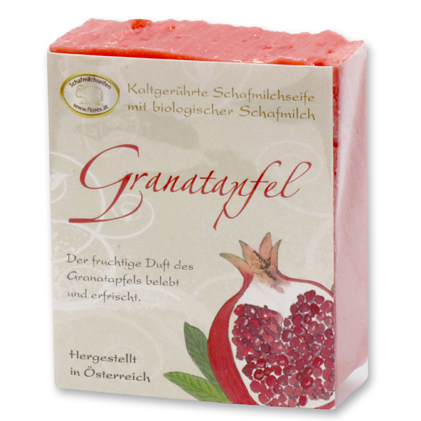 Cold-stirred sheepmilk soap 150g with classic labelling, pomegranate 