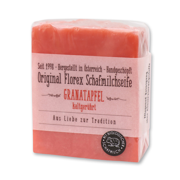 Cold-stirred sheepmilk soap 150g in cello wrapped with transparent paper, Pomegranate 