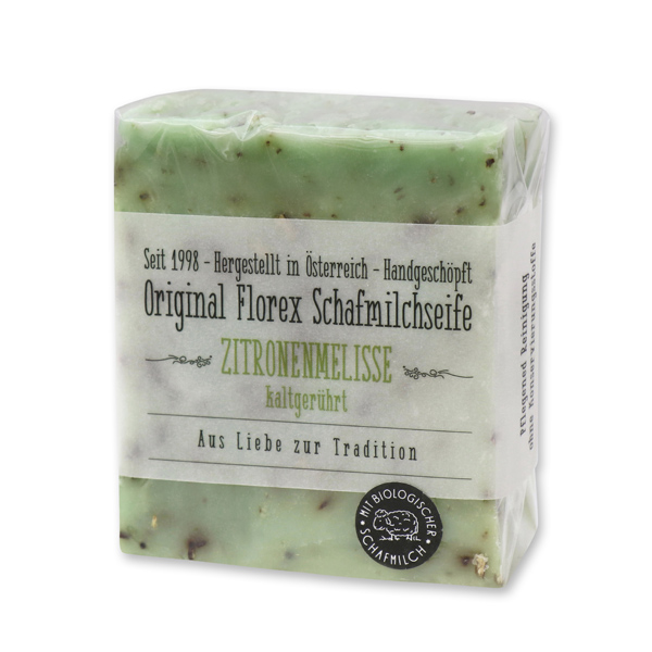 Kaltgerührte Schafmilchseife 150g mit transparenter Schleife in Cello, Zitronenmelisse 