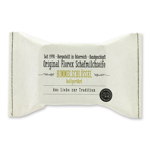 Cold-stirred sheep milk soap 150g, packed in a stitched paper bag, Cowslip with herbs 