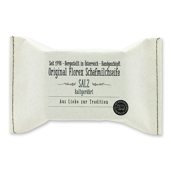 Cold-stirred sheep milk soap 150g, packed in a stitched paper bag, Salt 